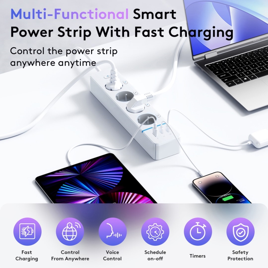 Immax NEO 07821L - Išmanusis NEO LITE prailgintojas su 4 AC lizdais, 1× USB ir 2× USB‑C, Wi‑Fi