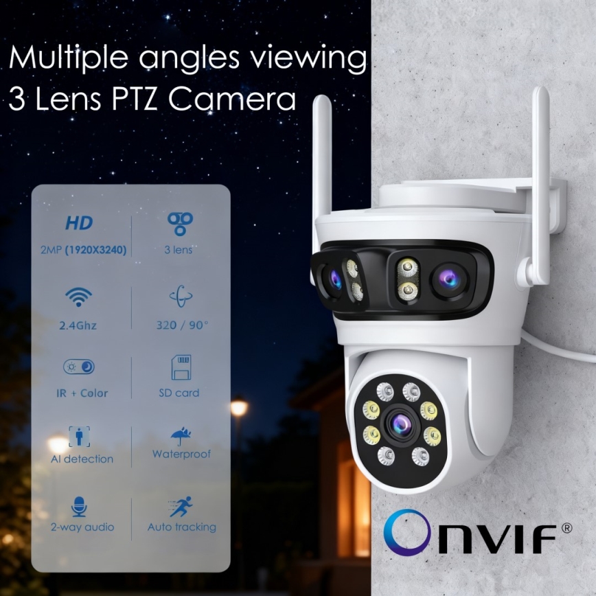 Immax NEO 07823L - Išmanioji lauko kamera su 2MP+2MP+2MP jutikliais, 5V, Wi-Fi