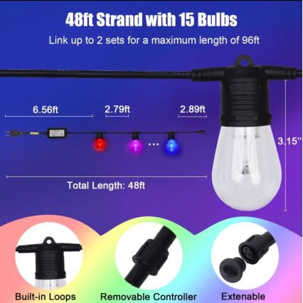 LED RGB+CCT Pritemdoma lauko grandinė GIRLIANDA 15xLED/1W/230V 15m Wi-Fi Tuya IP65 + nuotolinio valdymo pultas