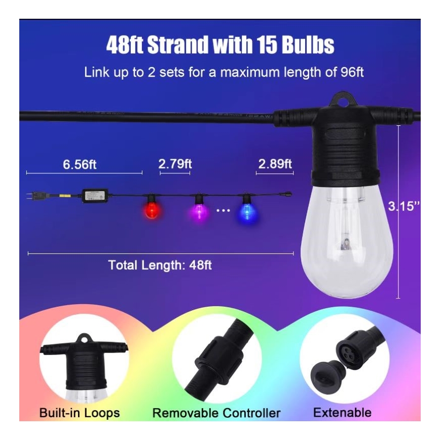 LED RGB+CCT Pritemdoma lauko grandinė GIRLIANDA 15xLED/1W/230V 15m Wi-Fi Tuya IP65 + nuotolinio valdymo pultas