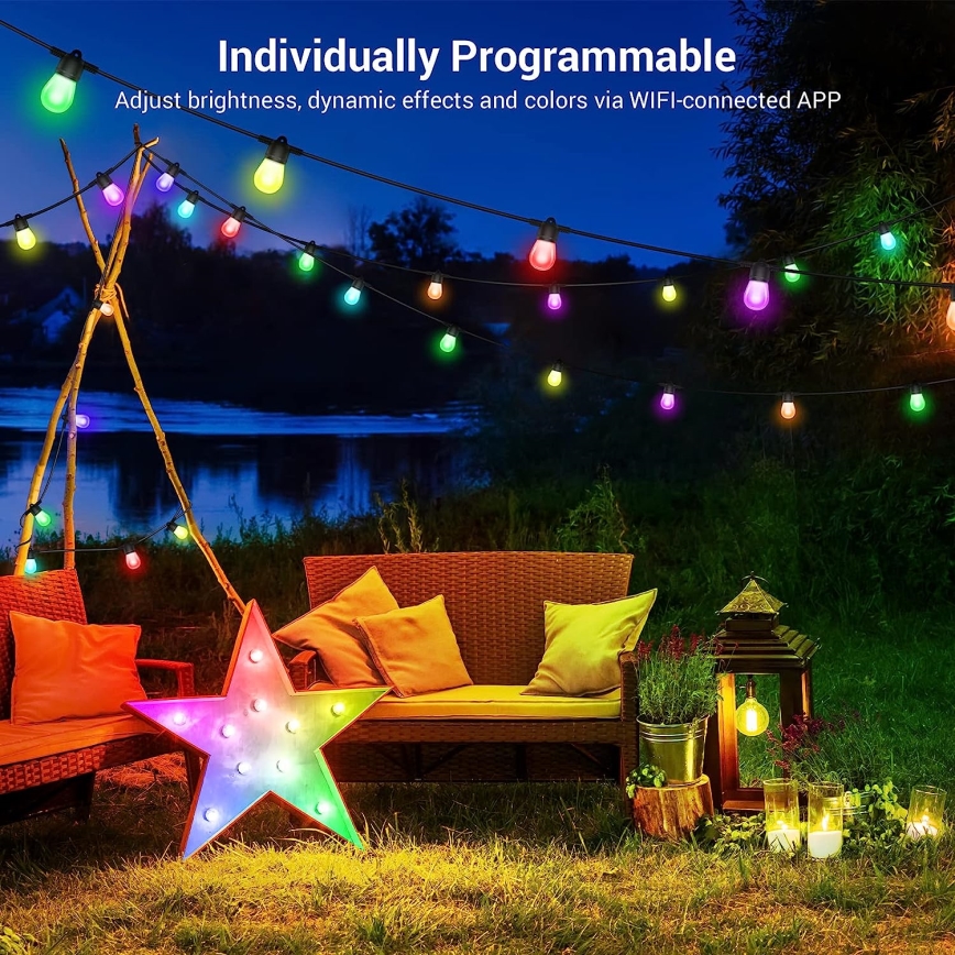 LED RGB+CCT Pritemdoma lauko grandinė GIRLIANDA 15xLED/1W/230V 15m Wi-Fi Tuya IP65 + nuotolinio valdymo pultas
