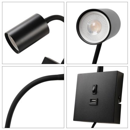 Immax NEO 08295L - Sieninis šviestuvas su USB PUNTO 1xGU10/9W/230V juodas