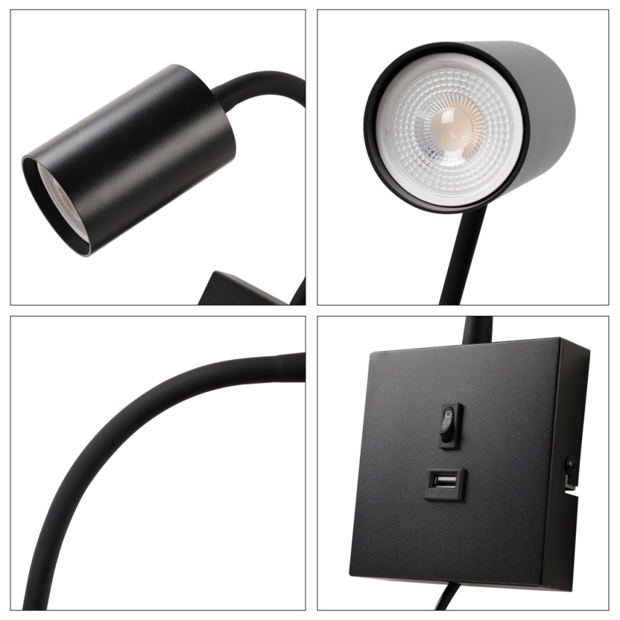 Immax NEO 08295L - Sieninis šviestuvas su USB PUNTO 1xGU10/9W/230V juodas