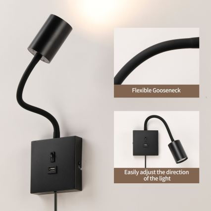 Immax NEO 08295L - Sieninis šviestuvas su USB PUNTO 1xGU10/9W/230V juodas