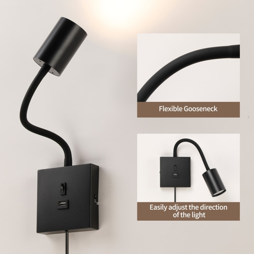 Immax NEO 08295L - Sieninis šviestuvas su USB PUNTO 1xGU10/9W/230V juodas