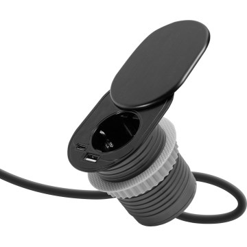 Įmontuojama rozetė su stumdomu dangteliu, 1 lizdas + USB-C + USB-A, juoda