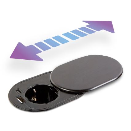 Įmontuojama rozetė su stumdomu dangteliu, 1 lizdas + USB-C + USB-A, juoda