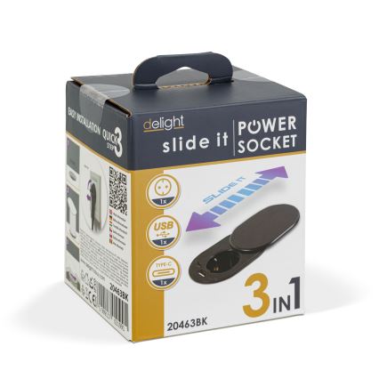 Įmontuojama rozetė su stumdomu dangteliu, 1 lizdas + USB-C + USB-A, juoda