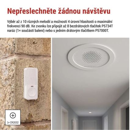 Įmontuojamas belaidis durų skambutis 230 V + 1 x CR2032, baltas