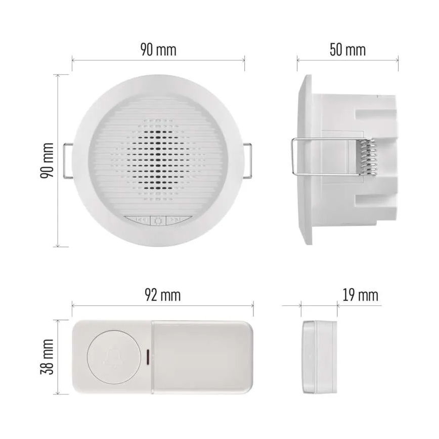 Įmontuojamas belaidis durų skambutis 230 V + 1 x CR2032, baltas