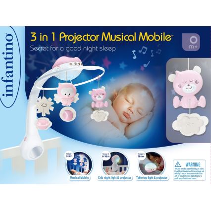 Infantino - Karuselė su melodija 3in1 virš lovytės, 3xAAA, rožinė