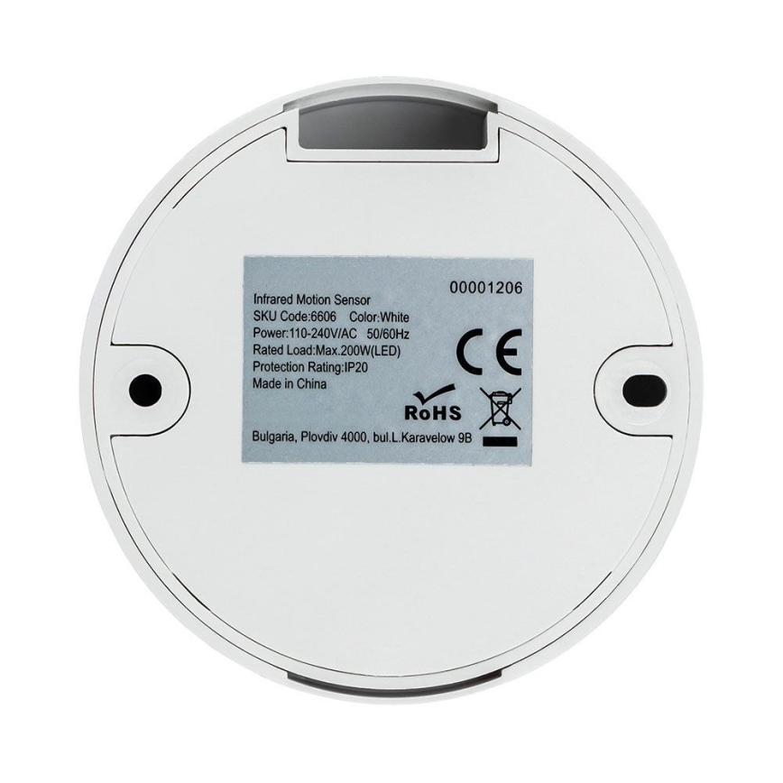 Infraraudonųjų spindulių judesio jutiklis 360° 200W/230V balta