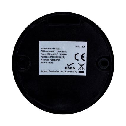 Infraraudonųjų spindulių judesio jutiklis 360° 200W/230V juoda