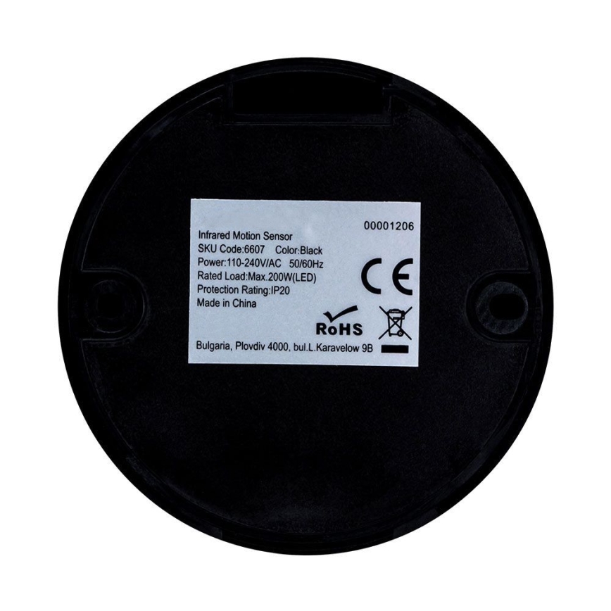 Infraraudonųjų spindulių judesio jutiklis 360° 200W/230V juoda