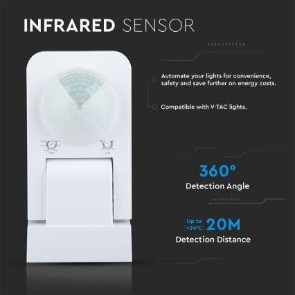 Infraraudonųjų spindulių lauko judesio jutiklis 360° 1000W/230V IP65 balta