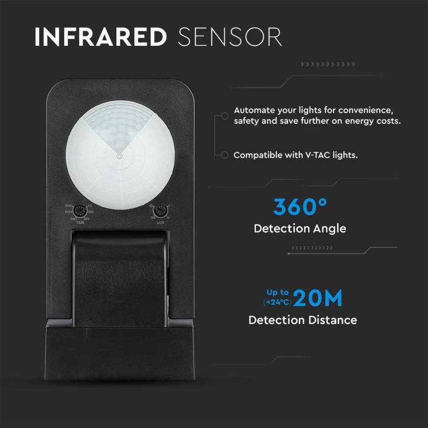 Infraraudonųjų spindulių lauko judesio jutiklis 360° 1000W/230V IP65 juoda