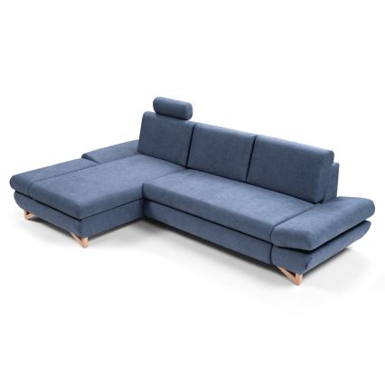 AVESTA L formos kairinė išskleidžiama apmušta kampinė sofa-lova su talpia daiktadėže, mėlyna
