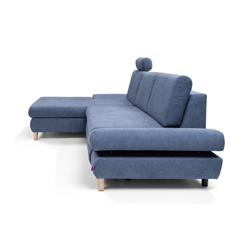 AVESTA L formos kairinė išskleidžiama apmušta kampinė sofa-lova su talpia daiktadėže, mėlyna