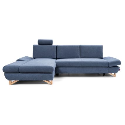 AVESTA L formos kairinė išskleidžiama apmušta kampinė sofa-lova su talpia daiktadėže, mėlyna