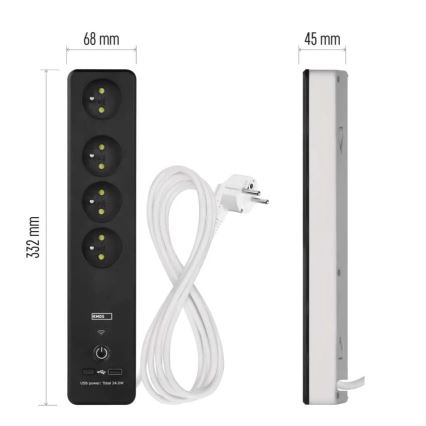 Išmanus prailginimas laidas su jungikliu GoSmart 4Z + 1xUSB-A + 1xUSB-C 2 m Wi-Fi Tuya