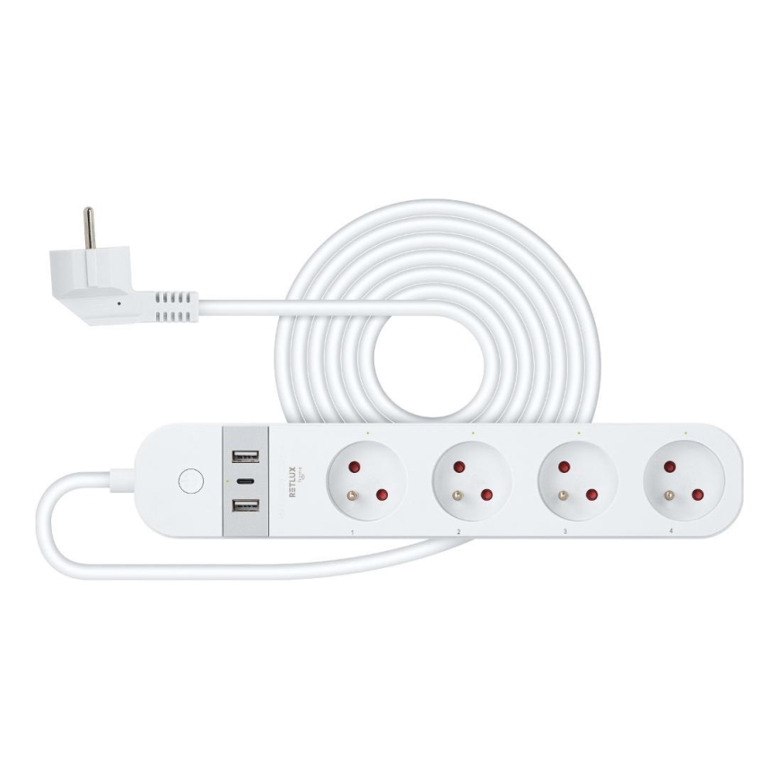 Išmanus prailginimo laidas su jungikliu 4Z Tipas E + 2x USB-A + 1x USB-C 1,5m Wi-Fi Tuya balta
