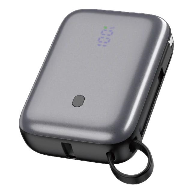 Išorinė baterija 10000 mAh 20W Power Delivery Compact su įmontuotu ištraukiamu USB-C laidu 1m juoda