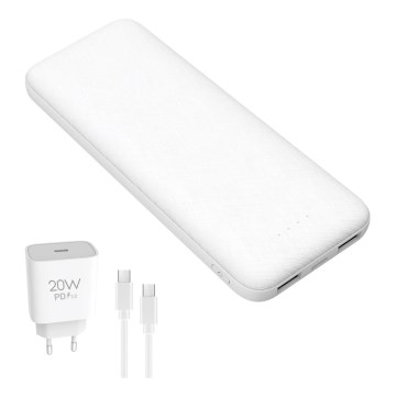 Išorinė baterija 10000 mAh + adapteris 20W Power Delivery + USB-C/USB-C laidas 1m balta