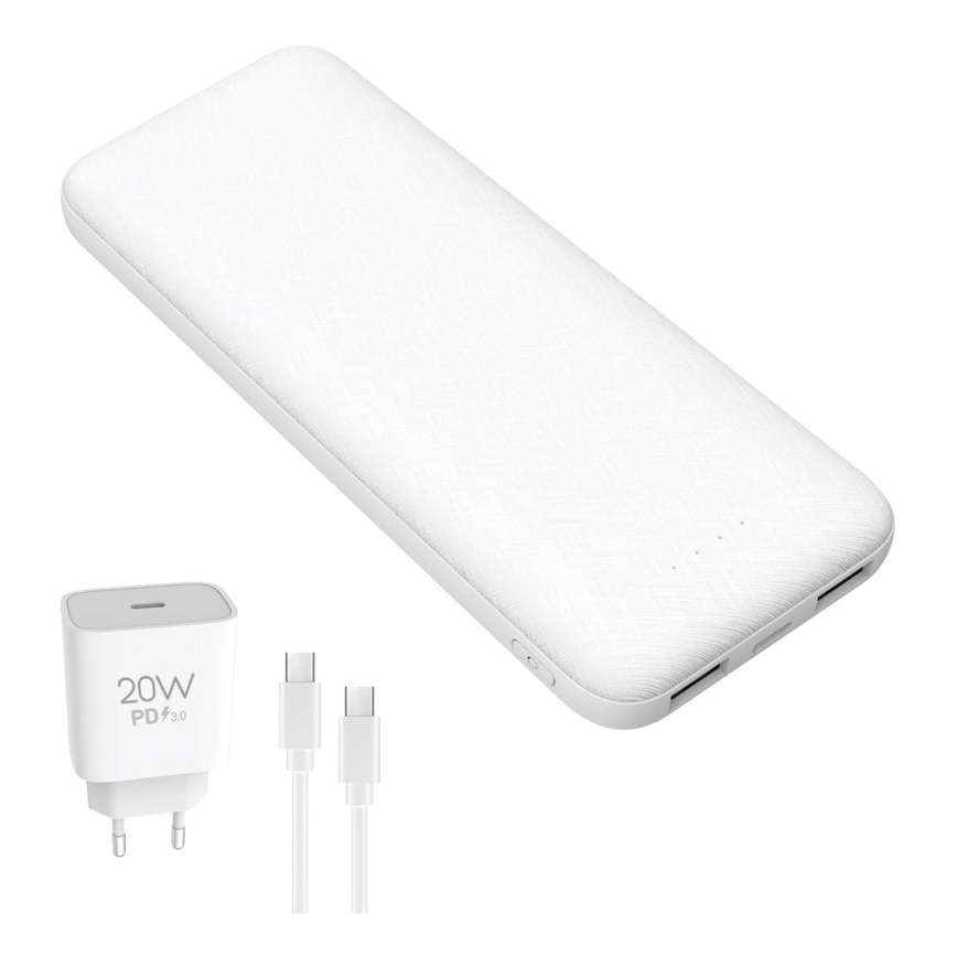 Išorinė baterija 10000 mAh + adapteris 20W Power Delivery + USB-C/USB-C laidas 1m balta