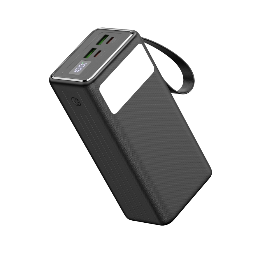 Išorinė baterija 40000 mAh 65W Power Delivery 2xUSB-A + 2xUSB-C Su LED žibintuvėlis su kabliu ir magnetu ir USB-C laidas 1m juoda