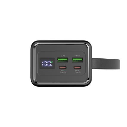 Išorinė baterija 40000 mAh 65W Power Delivery 2xUSB-A + 2xUSB-C Su LED žibintuvėlis su kabliu ir magnetu ir USB-C laidas 1m juoda