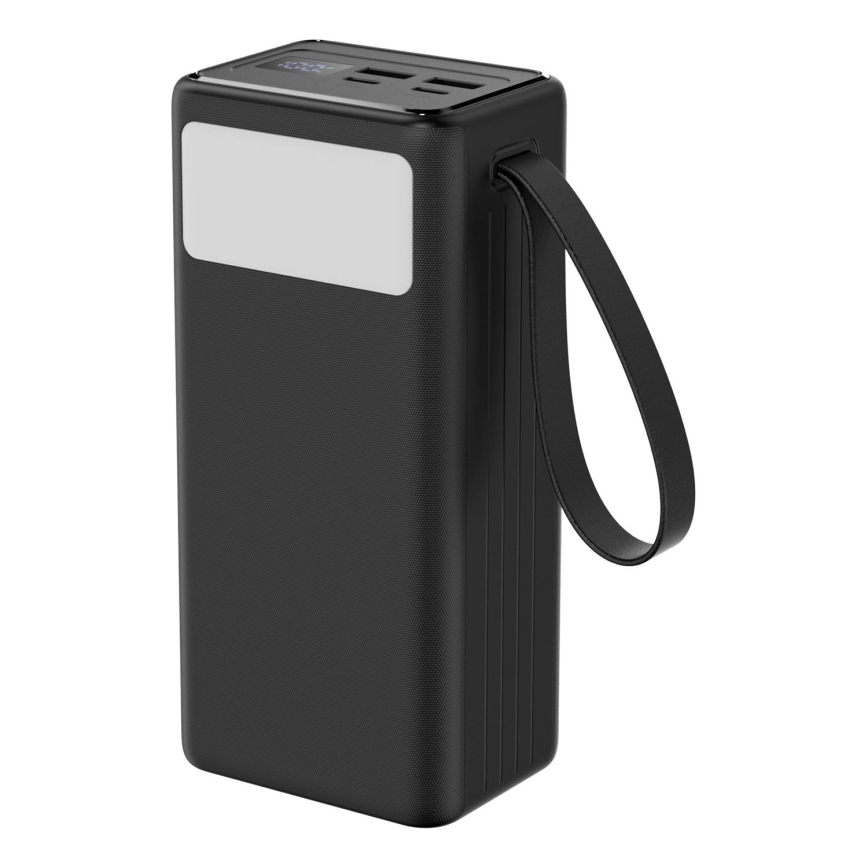 Išorinė baterija 40000 mAh 65W Power Delivery 2xUSB-A + 2xUSB-C Su LED žibintuvėlis su kabliu ir magnetu ir USB-C laidas 1m juoda