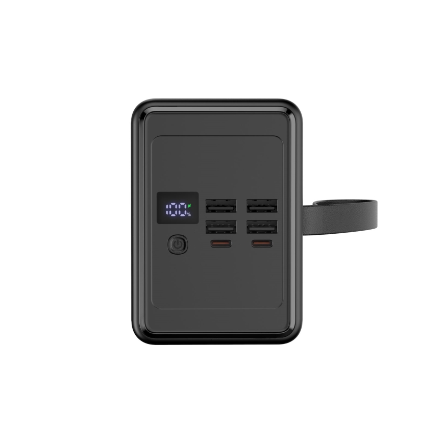Išorinis akumuliatorius 8000 mAh su Power Delivery, 4xUSB-A + 2xUSB-C, LED žibintuvėliu ir 1m USB-C laidu, juodas