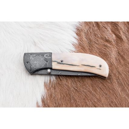 Išskirtinis sulankstomas Damasko peilis 8,6 cm mamuto iltis