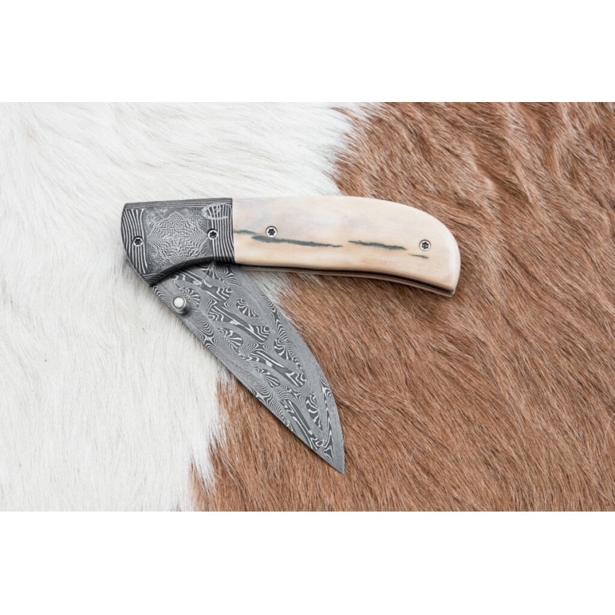 Išskirtinis sulankstomas Damasko peilis 8,6 cm mamuto iltis