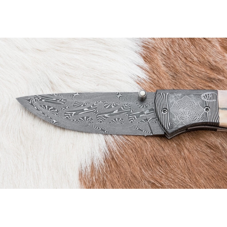 Išskirtinis sulankstomas Damasko peilis 8,6 cm mamuto iltis