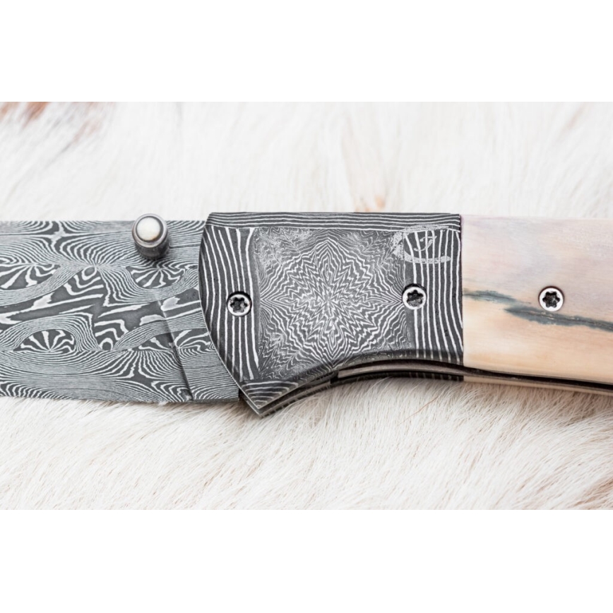 Išskirtinis sulankstomas Damasko peilis 8,6 cm mamuto iltis