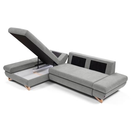 Išskleidžiama L formos apmušta kampinė sofa AVESTA, kairinė, pilka, su patalynės dėže