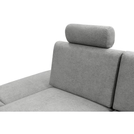 Išskleidžiama L formos apmušta kampinė sofa AVESTA, kairinė, pilka, su patalynės dėže