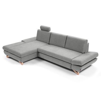 Išskleidžiama L formos apmušta kampinė sofa AVESTA, kairinė, pilka, su patalynės dėže