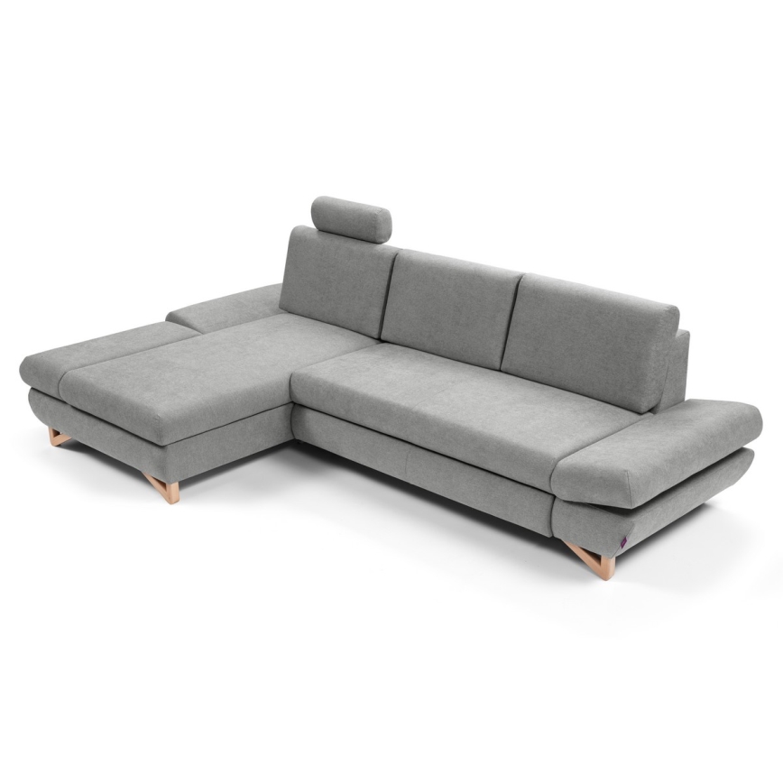 Išskleidžiama L formos apmušta kampinė sofa AVESTA, kairinė, pilka, su patalynės dėže