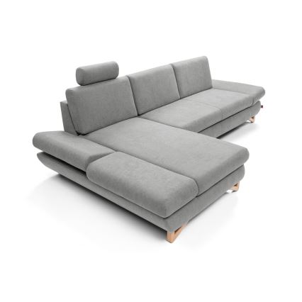 Išskleidžiama L formos apmušta kampinė sofa AVESTA, kairinė, pilka, su patalynės dėže