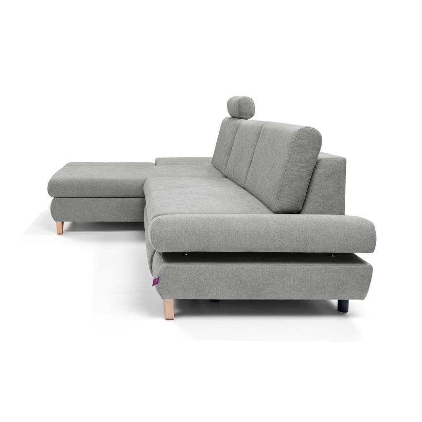 Išskleidžiama L formos apmušta kampinė sofa AVESTA, kairinė, pilka, su patalynės dėže