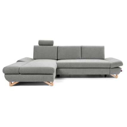 Išskleidžiama L formos apmušta kampinė sofa AVESTA, kairinė, pilka, su patalynės dėže