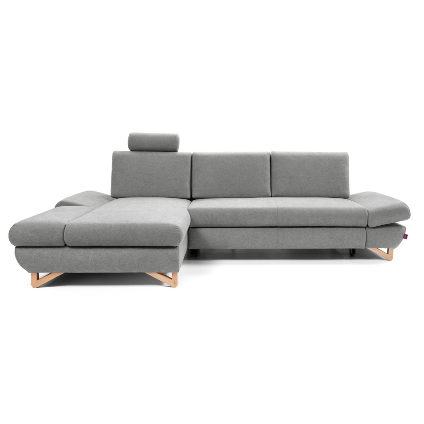 Išskleidžiama L formos apmušta kampinė sofa AVESTA, kairinė, pilka, su patalynės dėže