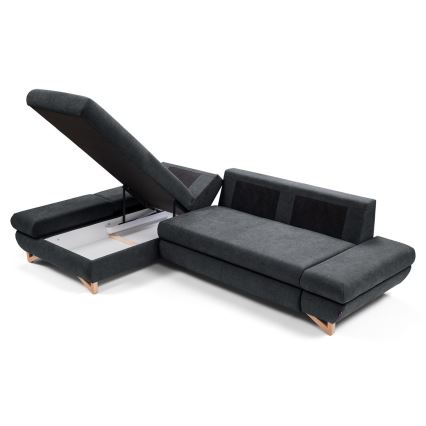 Išskleidžiama L formos kampinė minkšta sofa AVESTA su patalynės dėže, kairinė, antracito spalvos