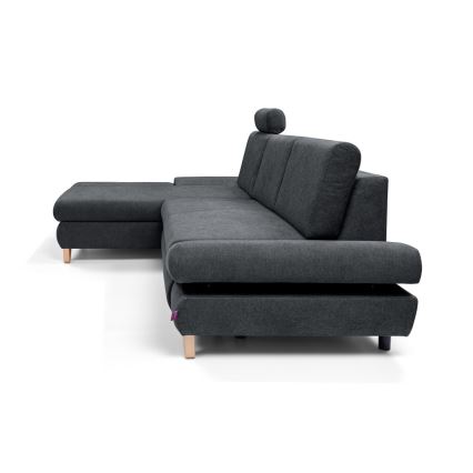 Išskleidžiama L formos kampinė minkšta sofa AVESTA su patalynės dėže, kairinė, antracito spalvos