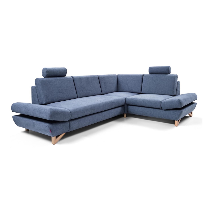 Išskleidžiama apmušta kampinė sofa L formos AVESTA, dešinė, mėlyna, su patalynės dėže