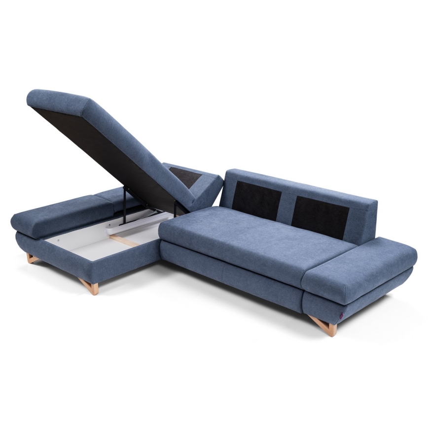 AVESTA L formos išskleidžiama apmušta kampinė sofa su daiktadėže — kairinė, mėlyna
