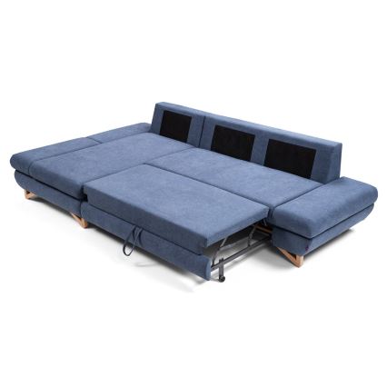 AVESTA L formos išskleidžiama apmušta kampinė sofa su daiktadėže — kairinė, mėlyna