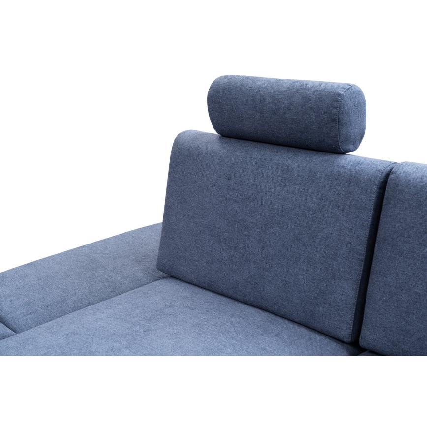 AVESTA L formos išskleidžiama apmušta kampinė sofa su daiktadėže — kairinė, mėlyna